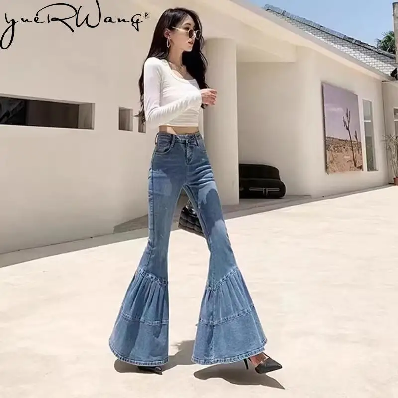 

Женские джинсовые брюки yuerwang, Новинка весна-осень 2023, узкие джинсы-клеш с высокой талией, модные Универсальные длинные джинсовые брюки, новинка