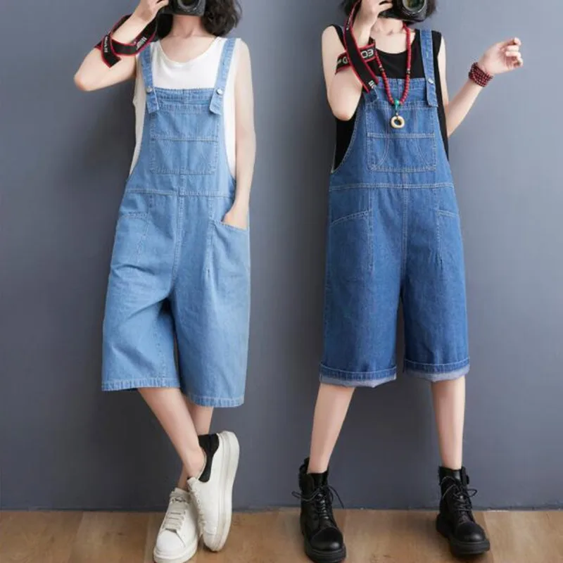

#2328 Summer Short Jumpsuits Women Sleeveless Wide Leg Playsuits Loose Jeans Overalls Ladies Wide Leg Playsuits Denim Cotton