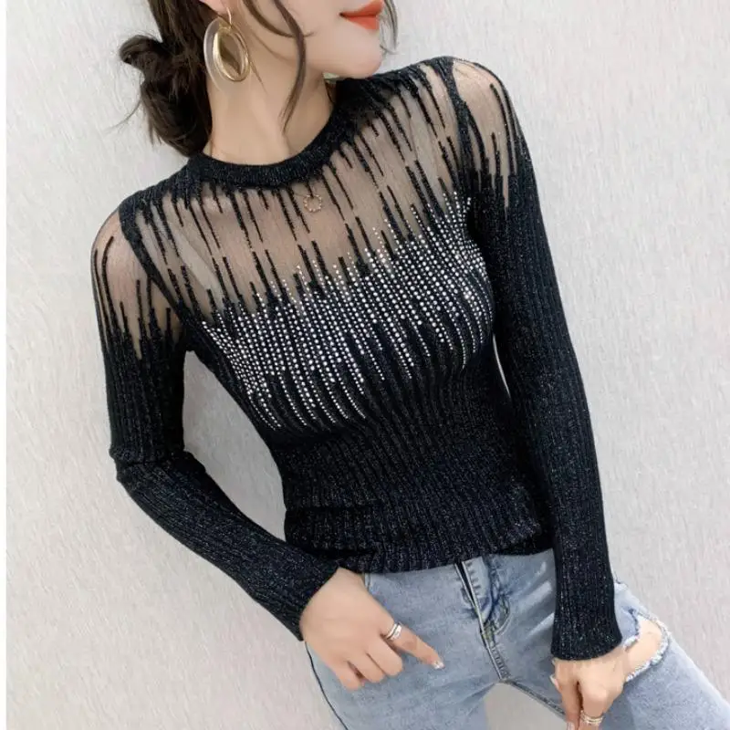 

Sexy Long Sleeve Woman Sweaters Knitted Pullover Women 2022 Spring Autumn Sweater Tops For Lady Black Beaded Hollow Out Jumper