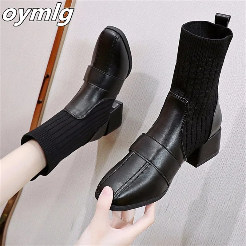 2022 new autumn and winter square head knitted thick heel short boots women's square head thin women's boots trend