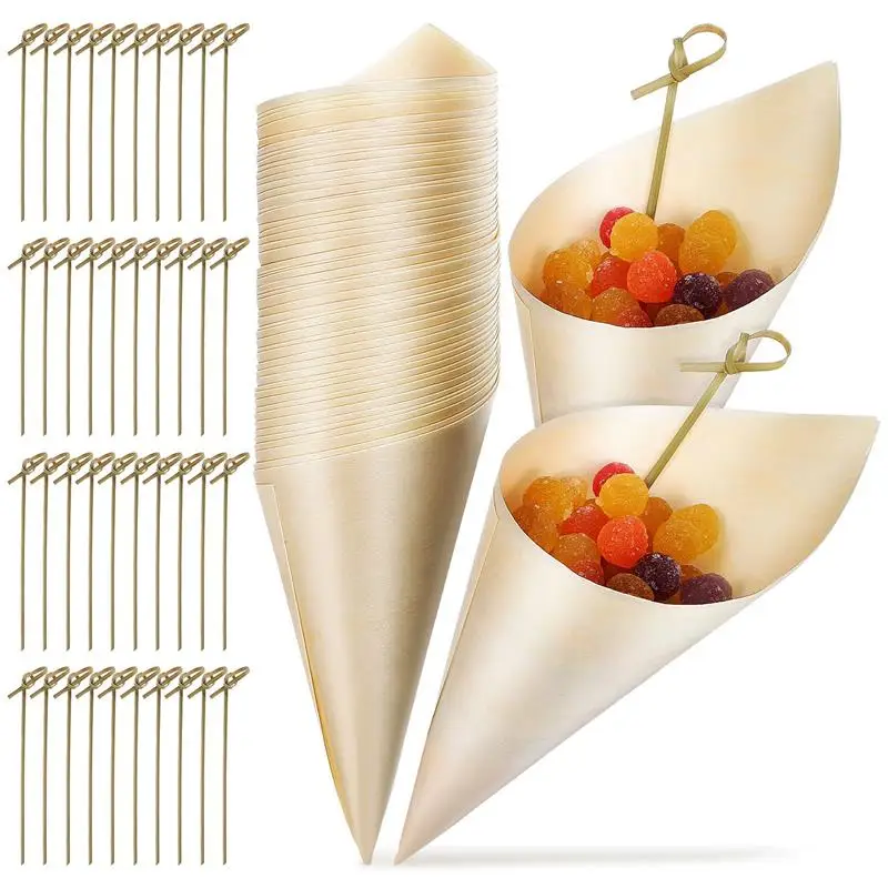 

100 Sets Food Cones Wood Tasting Cones Disposable Ice Cream Holders with Cocktail Picks for Appetizers