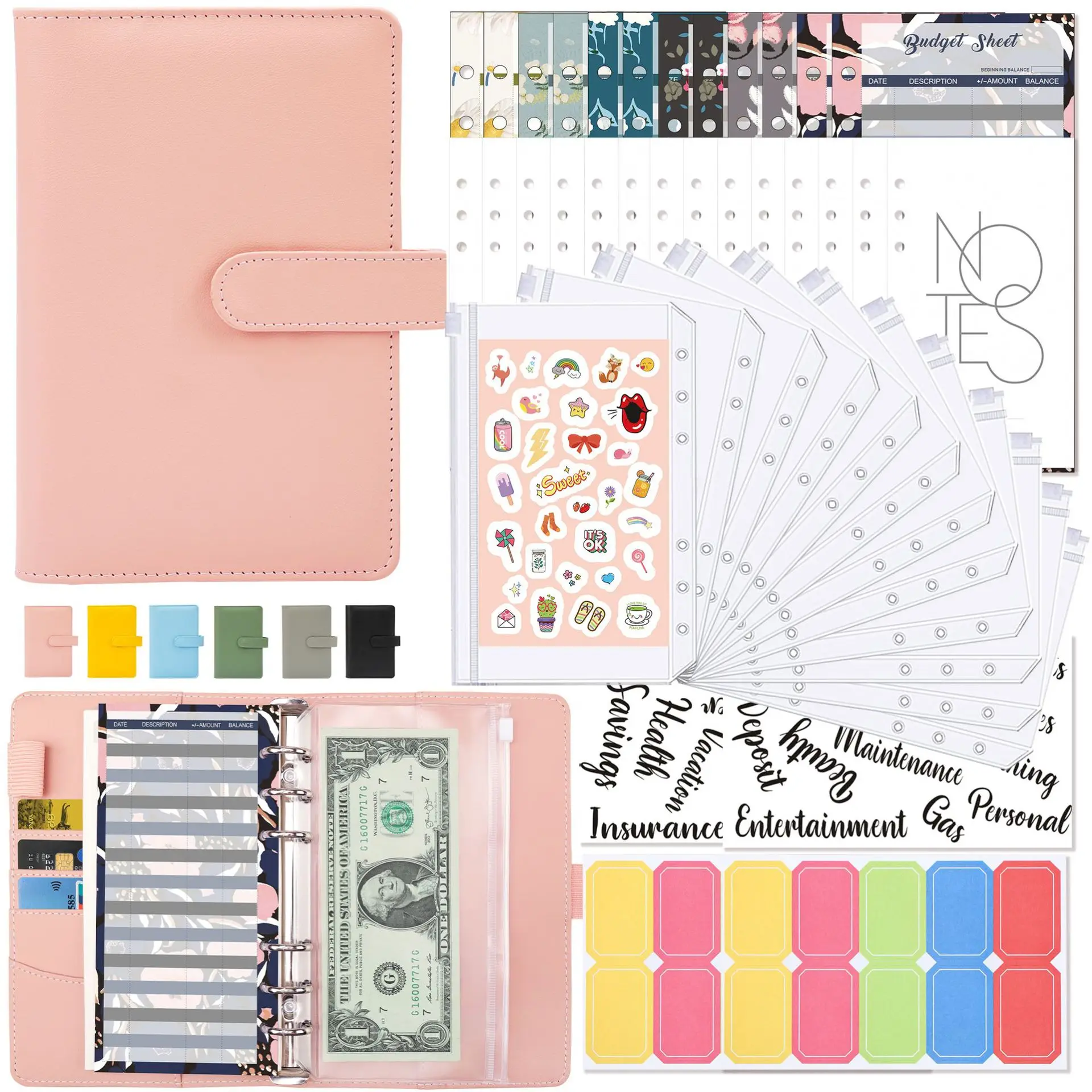 

Cash Book Binder Budget Planner Notebook Cover Folder A6 Size 6 Hole Binder Pocket Plastic Binder Zipper Money Saving Envelope