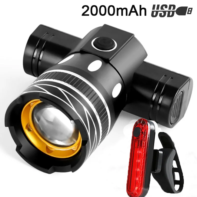 

T6 Led Bicycle Headlight Bike Front Light Zoomable Head Lamp USB Charging MTB Road Cycling Flashlight with COB Warning Taillight