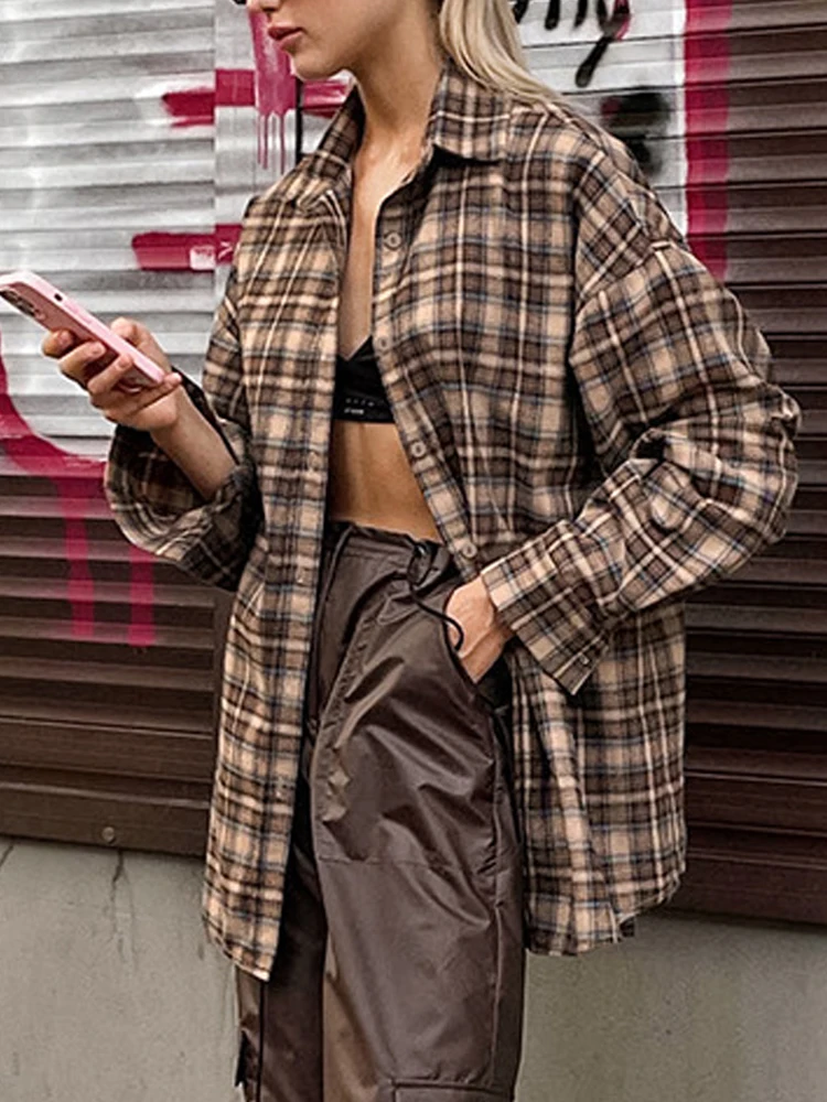 Винтажная клетчатая рубашка женская блузка с длинным рукавом топ модная