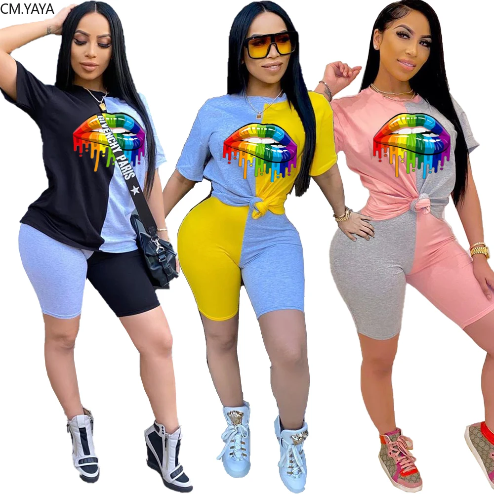 Женский летний спортивный костюм CM.YAYA футболка с коротким рукавом и принтом рта