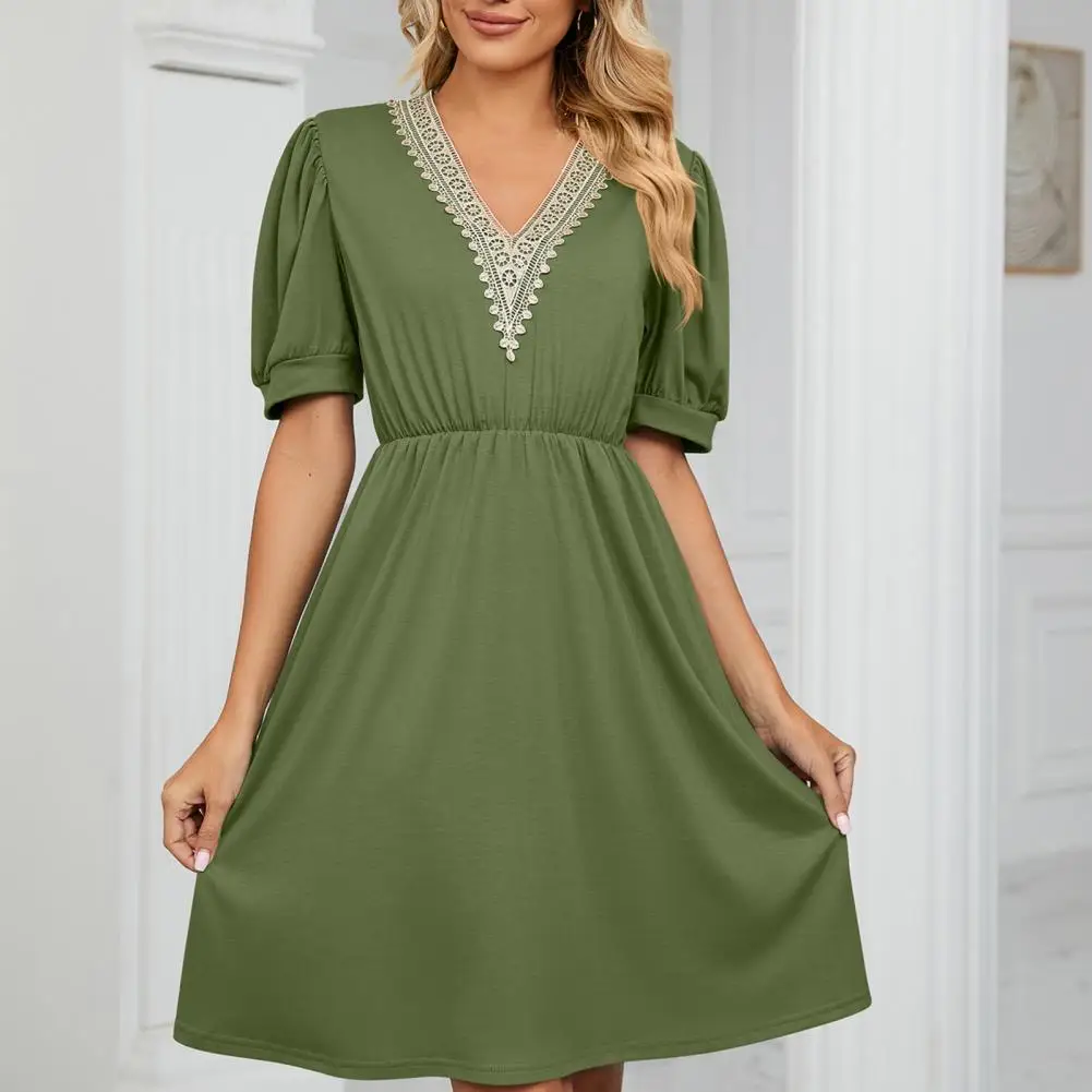 

V Neck Women Dress Lace Stitching Short Sleeve Pockets Streetwear Cotton Tight Waist Ladies Summer Dress vestidos para mujer