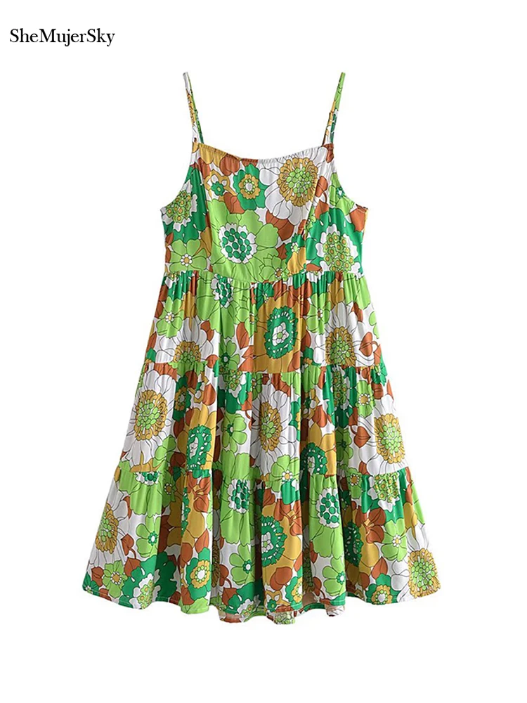 

SheMujerSky Summer Floral Print Green Camisole Dress Women Holiday Beach Backless Mini A-line Dresses 2022 vestidos