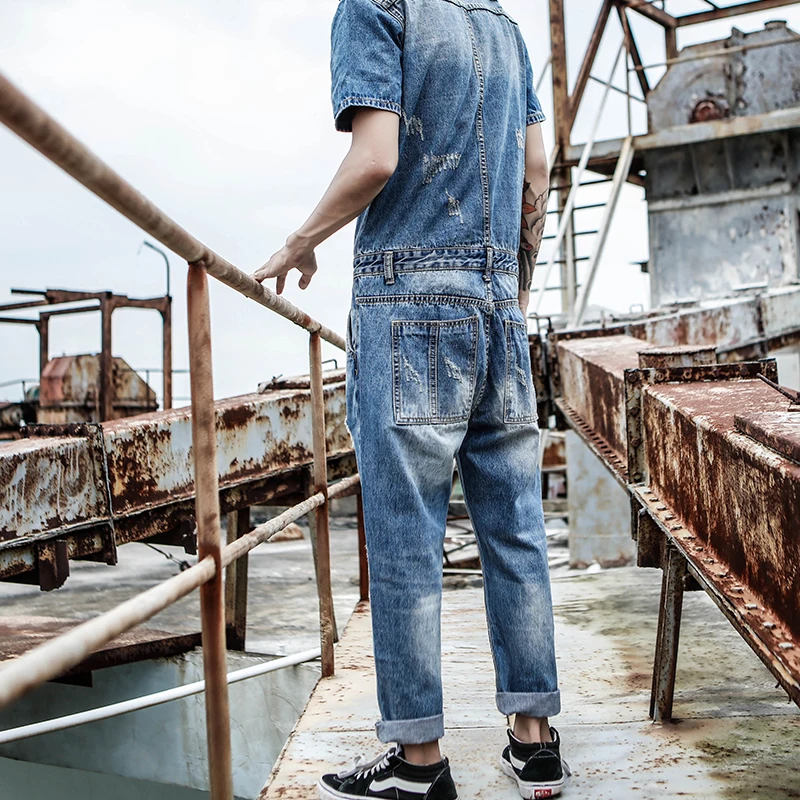 Denybloood Jeans Fashion Men's Ripped Jeans Jumpsuits High Street Distressed Denim Bib Overalls For Man Suspender Pants 0301