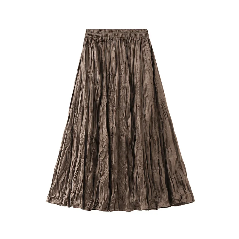 Autumn Winter Velvet Pleated Skirt Womens Elastic High Waist Warm Long Vintage Skirts Female Chic All-match Skirt
