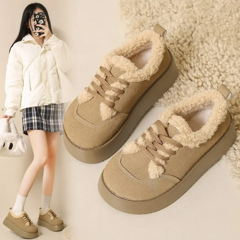 Casual Woman Shoe Loafers With Fur Clogs Platform Round Toe Modis Slip-on New Creepers 2024 Winter Lace-Up Solid Leisure Fashion