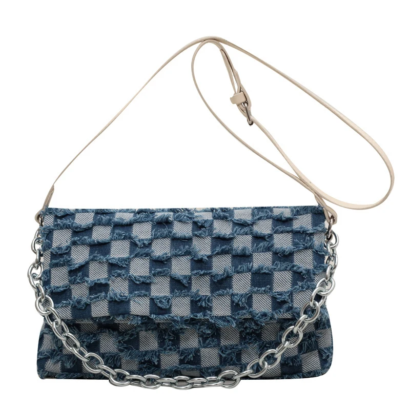 

Checkerboard Denim Canvas Shoulder Bag Women Fashion Plaid Messenger Bags Large Capacity Chain Bag Female 2022