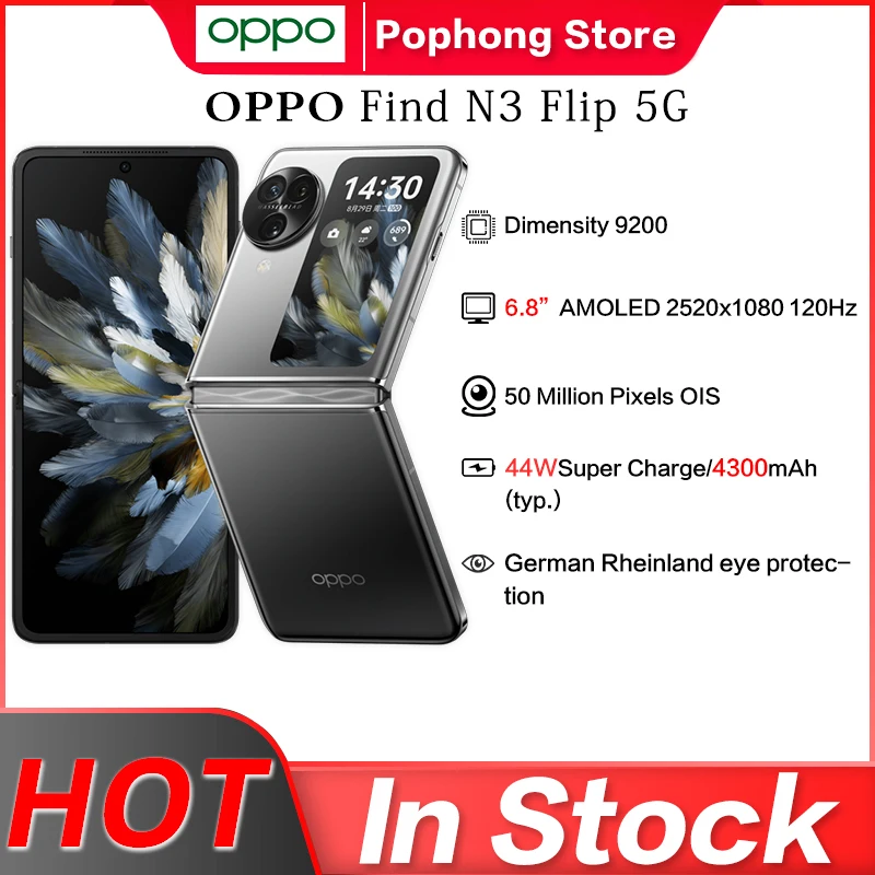 OPPO Find N3 Flip 5G 6.8 inches AMOLED Folded Flexible Screen Dimensity 9200 Octa Core 44W SUPERVOOC 4170mAh NFC