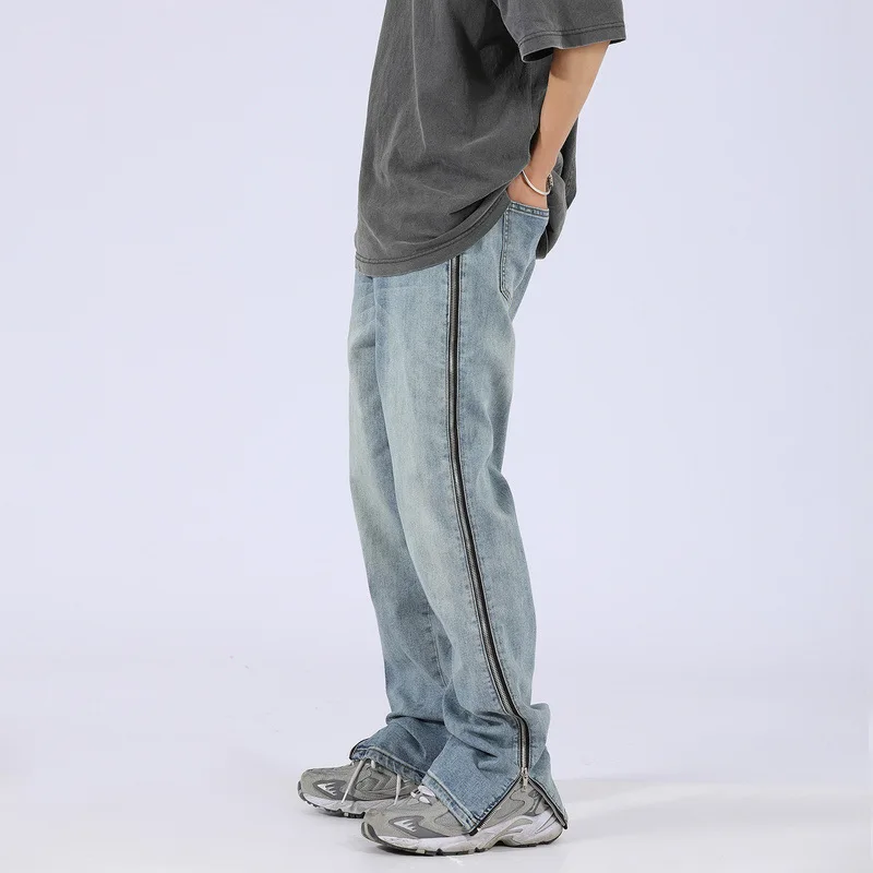 Four Seasons Men Jeans American Street Retro Old Washed Zipper Jeans Men Loose Slim Pants High Street Hip Hop Trend INS Hot Sale