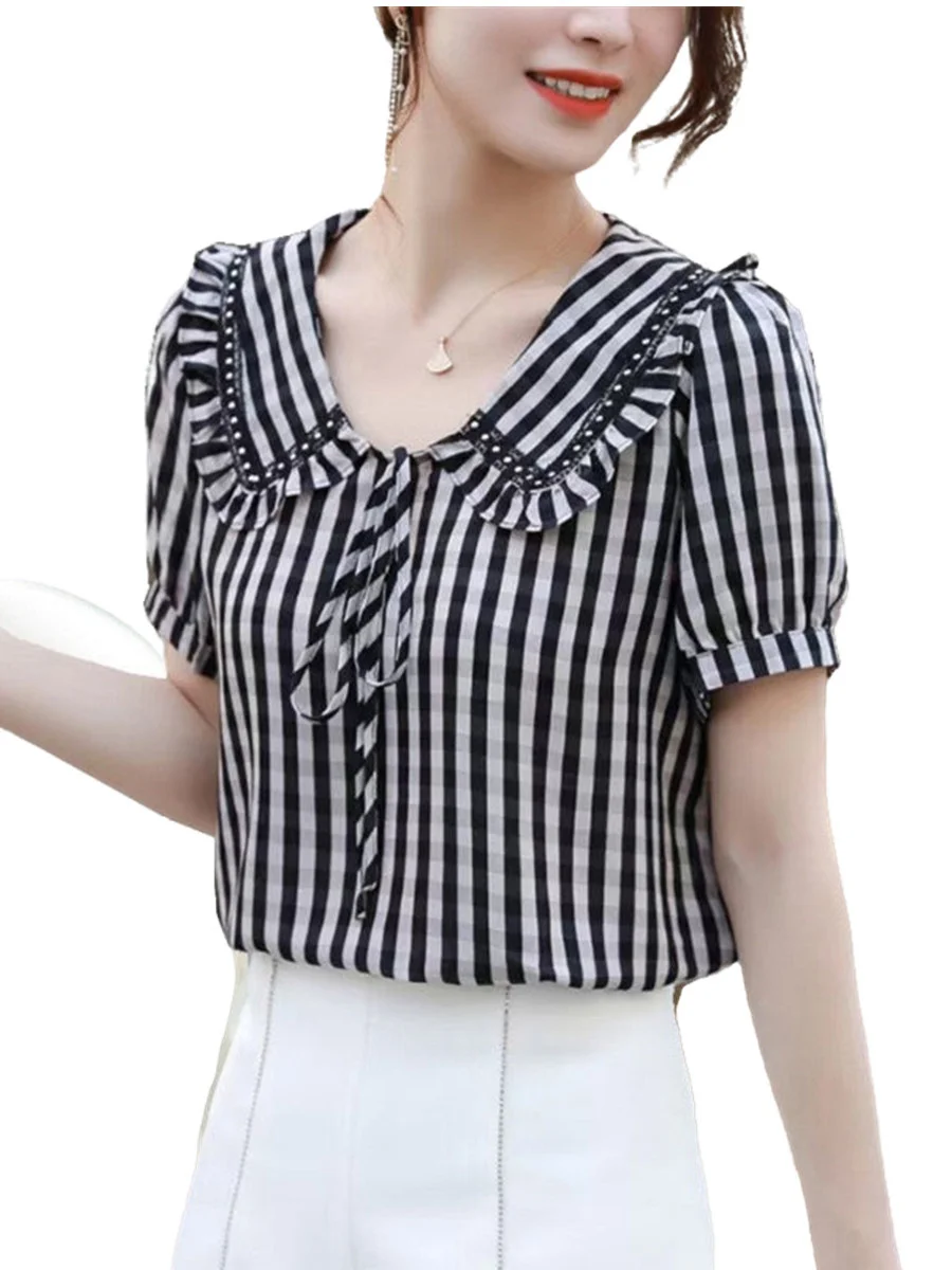 Блузка женская с коротким рукавом и отложным воротником на весну/лето TT02536