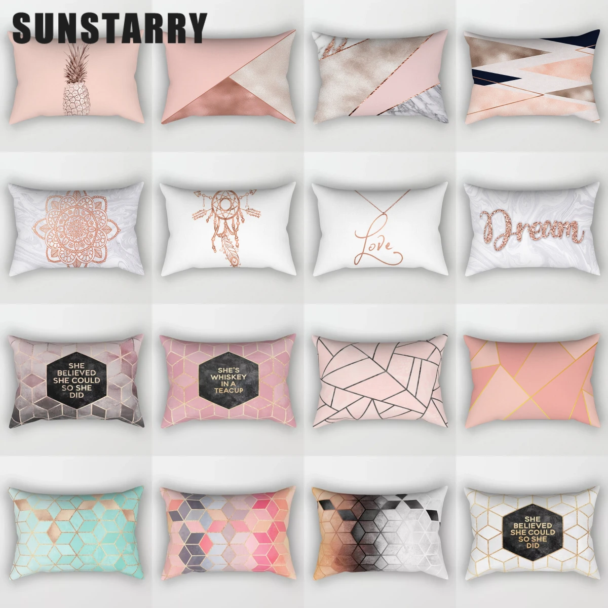 

Rose Gold Pink Geometric 30X50CM Cushion Cover Polyster Nordic Style Oblong Pillow Cover Sofa Car Waist Throw Pillows Decorative
