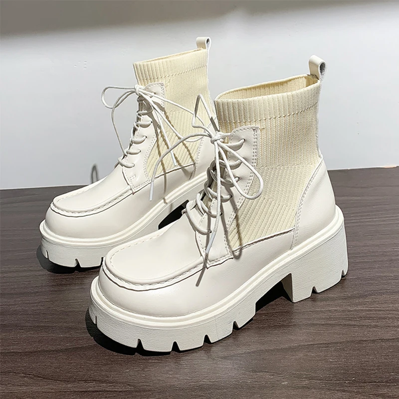 

2022 Autumn Women Sock Boots Knitted Fabric Chunky Platform Gothic Shoes High Heels Women Combat Ankle Boots Beige Black