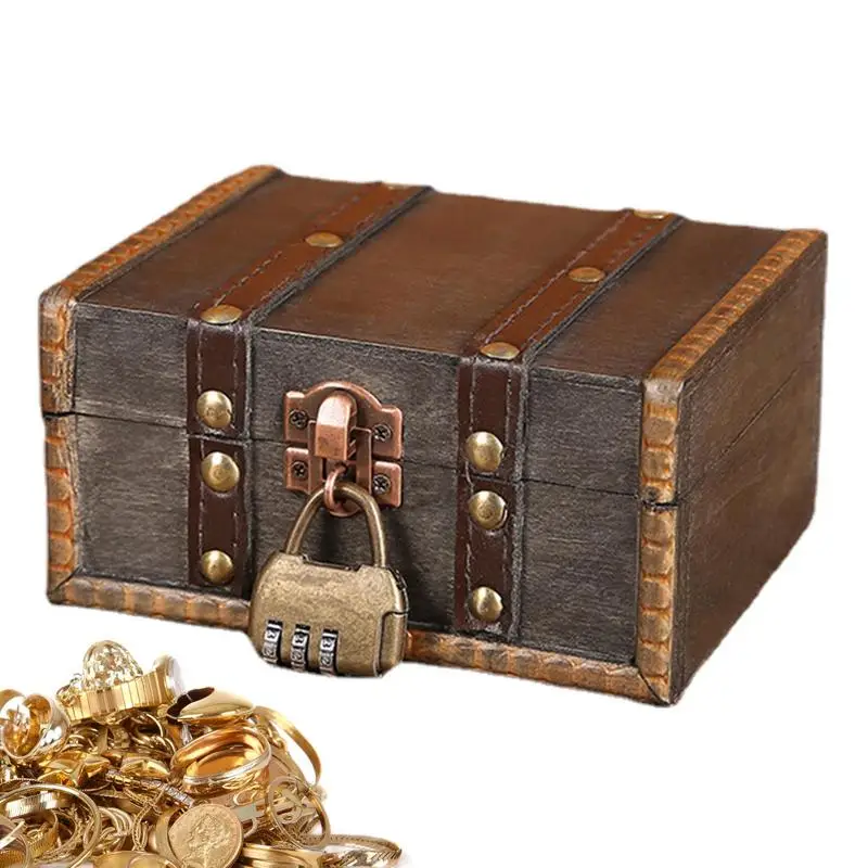 

Vintage Handmade Wooden Storage Box With Lock Decorative Trinket Case Jewelry Organize Photography Props Gifts Cases