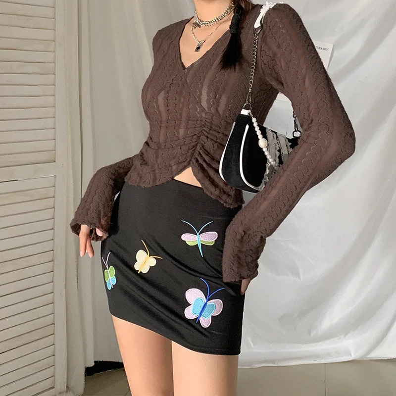 

Sexy Mesh See-through T-shirt Fashion New Trumpet Long-sleeved Ladies V-neck Clothing Y2k Slim Top 2023 New Autumn Solid Color