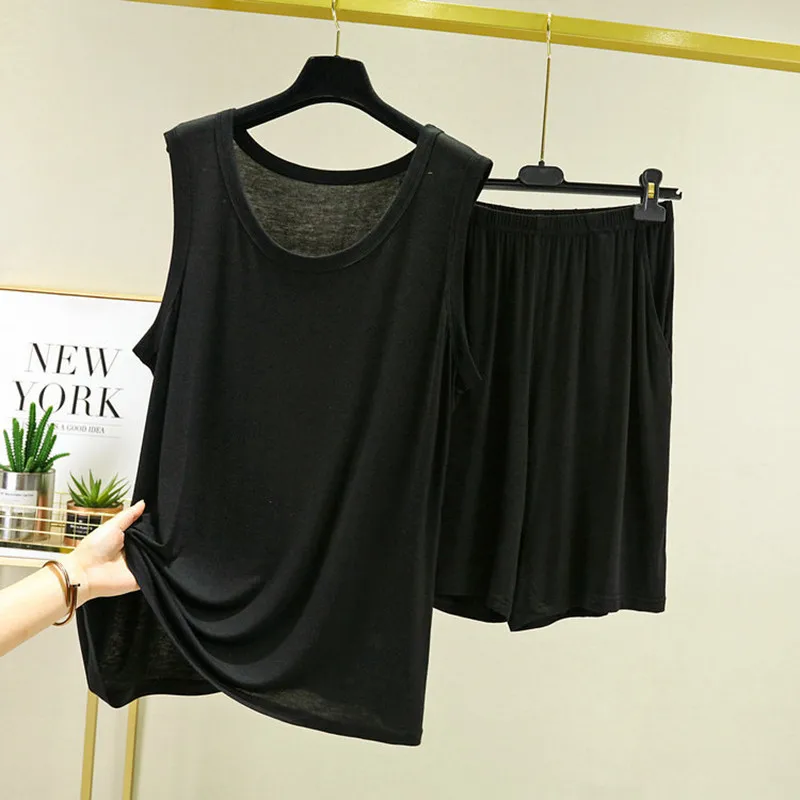 Summer Pajamas Set Casual PJS For Men Black/Grey Elastic Shirt Shorts Men's Modal O Neck Fashion Clothes Man NEW Homewear