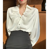 chic french style ruched v neck blouse for women spring autumn single breasted long sleeve shirt top lady streetwear blouse