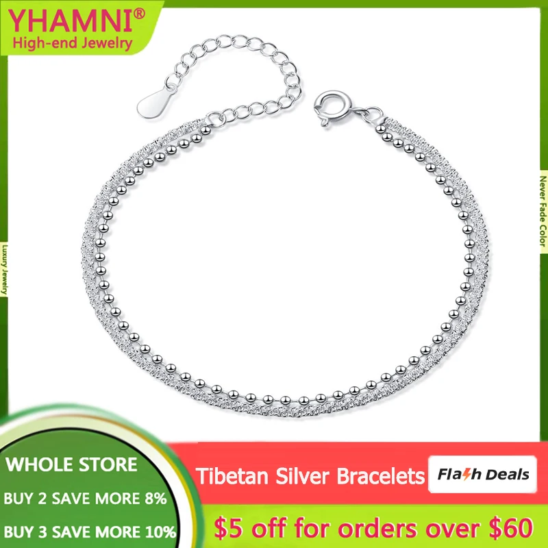 

YHAMNI New Fashion White Tibetan Silver 925 Double Layer Bracelet Beads Exquisite Simple Women Bracelet Fine Jewelry Accessories