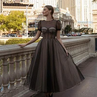 long o neck a line prom dress ankles length tulle formal party dress with polka dots for women 2022 black draped evening gown