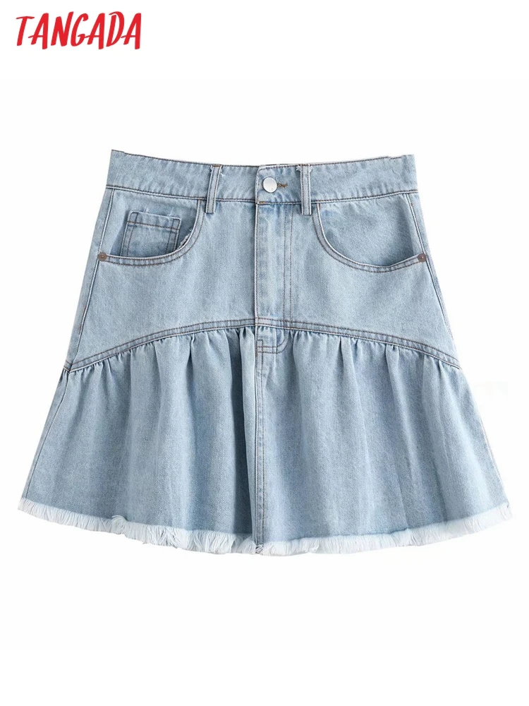 

Женская джинсовая мини-юбка с оборками, на молнии