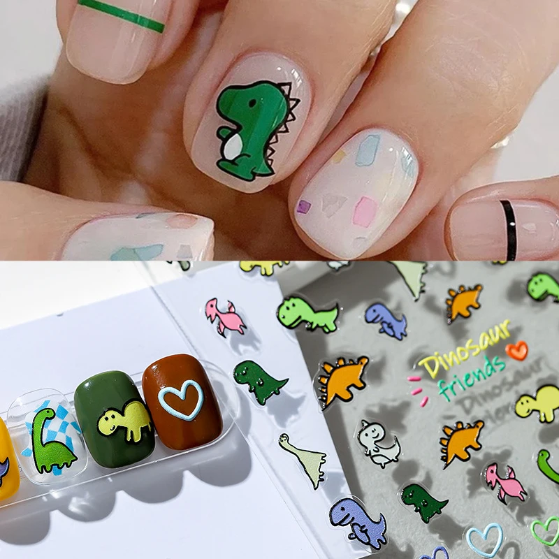 1PCS Kawaii Dinosaur Nail Art Sticker Self-adhesive Nail Decal Cartoon Simple Strokes Sliders Manicure Decoration Accessories