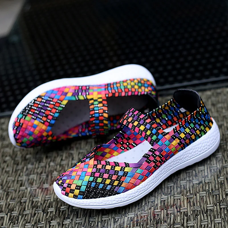 

Summer Elastic Band Elastic Woven Shoes for Women Single Shoe Large Flat Bottom Mother's Shoes Color Breathable Sneakers