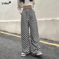 black white plaid print elastic waist loose straight flat summer casual pants popularity comfortable hipster womens clothing