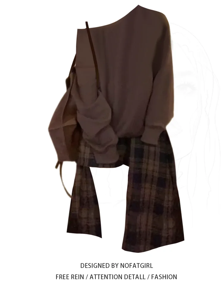 Early Autumn Chubby mm Wear A Complete Set Women clothes Sloping Shoulder Gyaru Meat Covering Hoodie Irregular Plaid Skirt sets