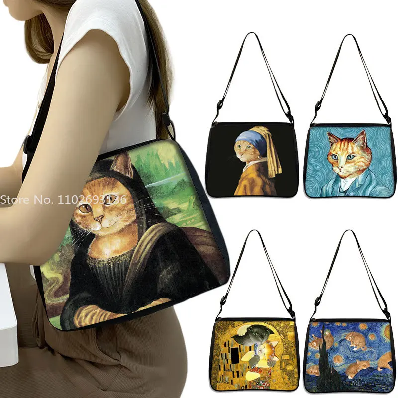 

Funny Cat Cosplay Mona Lisa Messenger Bag Women Handbag Canvas Underarm Shoulder Bags Van goghStarry Sky Crossbody Bags Gift