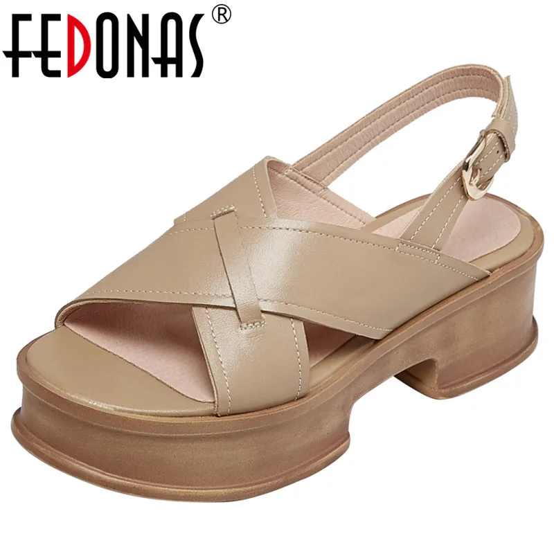 

FEDONAS Women Sandals Chunk High Heels Platforms Genuine Leather Summer Pumps Fashion Concise Working Casual Shoes Woman Newest