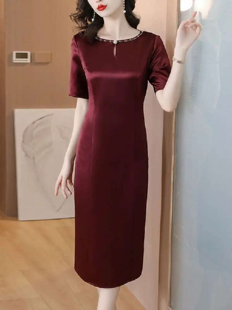 Женское шелковое платье-Ципао с круглым вырезом и коротким рукавом