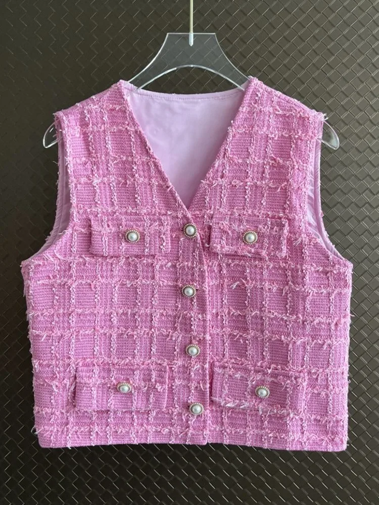 

Runway French Elegant Tweed Short Cardigan Vest Tank For Women Luxury Female High-End V-Neck Top OuterWear