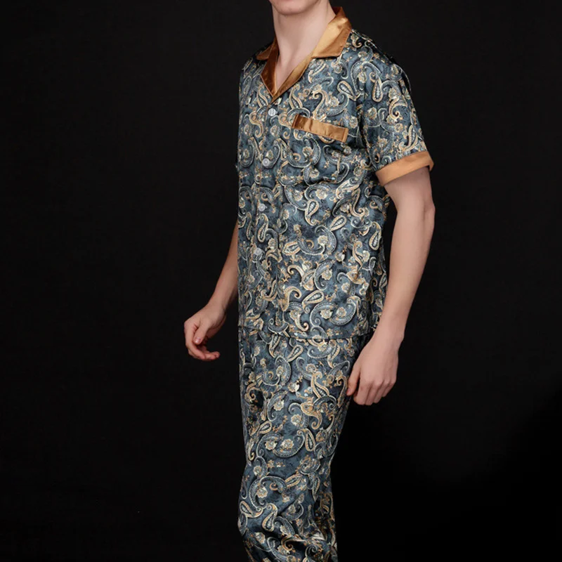 

Summer Thin Bathrobe Set Ice Silk Short-Sleeve Pajamas Long Pajama Pants Men Hom Bathrobe Set comfortable convenient Men Home