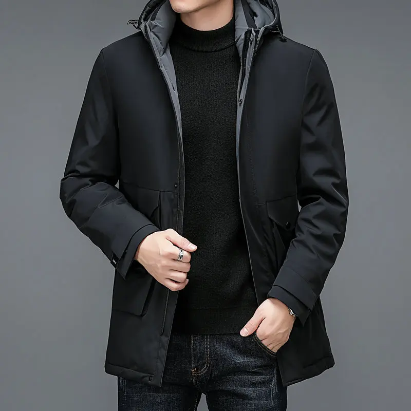 2022 Winter Men Basic Puffer Parkas Navy Blue Black Hooded Thicken Puff Coats Male Smart Casual Warm Thermal Overcoats Outerwear