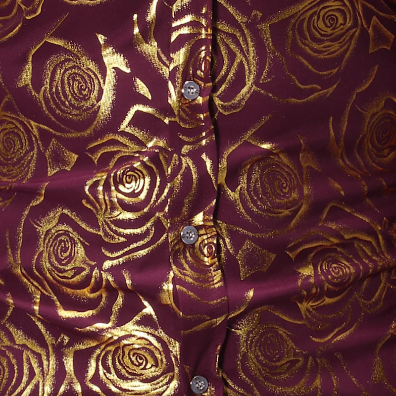 Mattswag Mens Wine Red Luxury Floral Gold Shiny Print Shirts Stylish Slim Long Sleeve Dress Shirts Party Prom Club Camisa Hombre