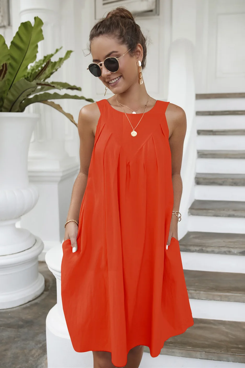 

Summer Casual Loose Tank Dress 2022 Fashion Pleated Midi Dress For Women's Round Neck Pocket Beach Sundress