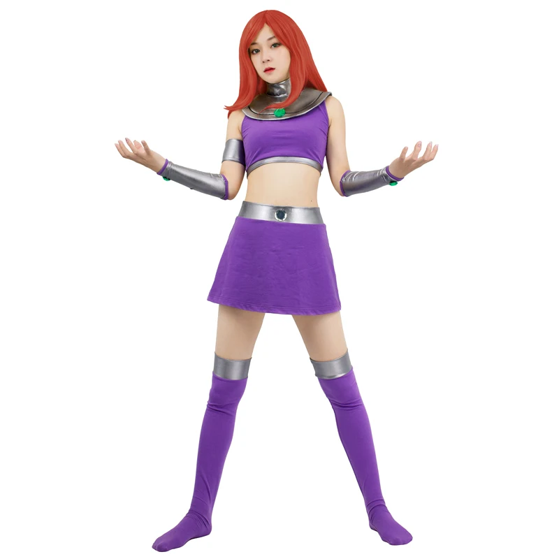 

Anime Starfire Cosplay Costume Women Halloween Carnival Cos Uniform Suit Crop top+Skirt+Stockings+Oversleeves.