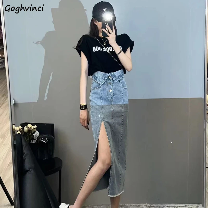 

Denim Skirts Women Side-slit Vintage Basic Personality Midi Summer Empire Sexy All-match Leisure Ulzzang Slim Ladies Faldas Chic