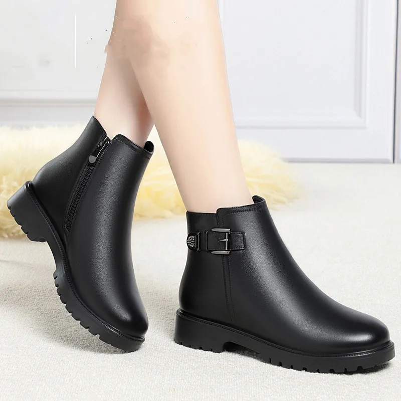 Winter Genuine Leather Women Boots Ankle Boots Keep Warm Wool Snow Boots Non-slip Shoes Mother Soft Comfortable Low Heels Shoes