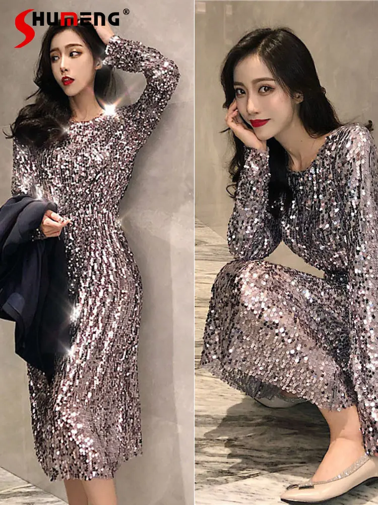 

Socialite Woman Silver Gray Sequins Gathering Dress Full Elegant Ladies Blingbling Slimming High Waisted Long Sleeve Mid Dresses