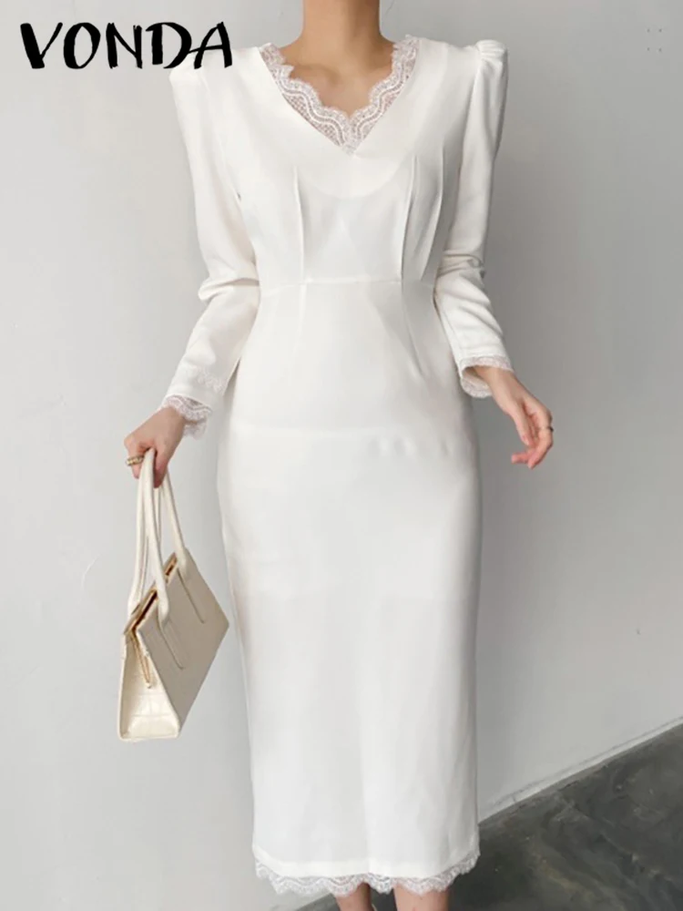 

Модное офисное платье 2022 VONDA, элегантное кружевное лоскутное платье с длинным рукавом и V-образным вырезом, вечерние официальные платья-миди...