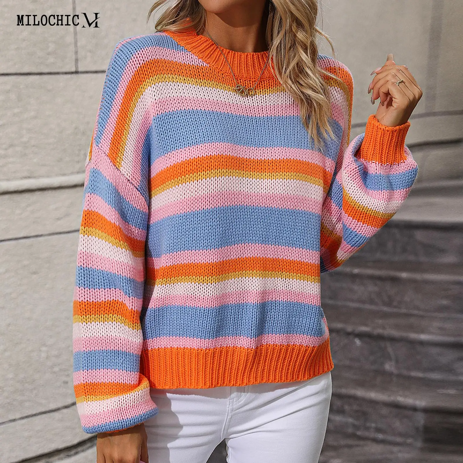 

Lady Chic Knitted Jumper Tops Casual Loose Patchwork Pullover Oversized Crew Neck Color Block Sweater Streetwear Suit Daily Wear