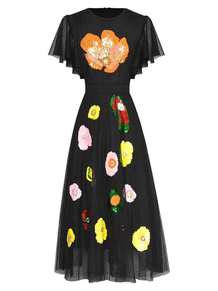 Fashion Summer Woman's Dress O-Neck Short Sleeve Sequins Embroidery Mesh Polka Dot Vintage Vestidos