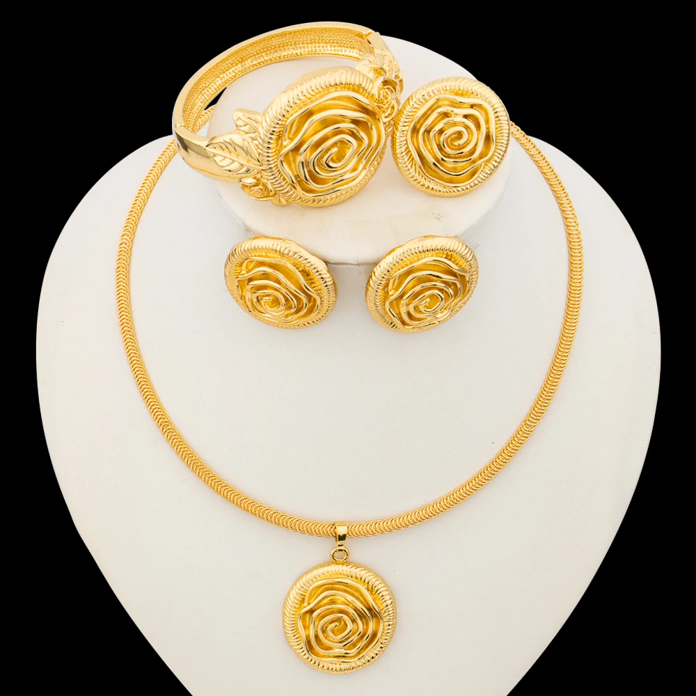 

Dubai Gold Color Jewelry Set for Women Rose Design Round Pendant and Earrings with Bangle Ring Gold Plated Jewelry Party Gifts