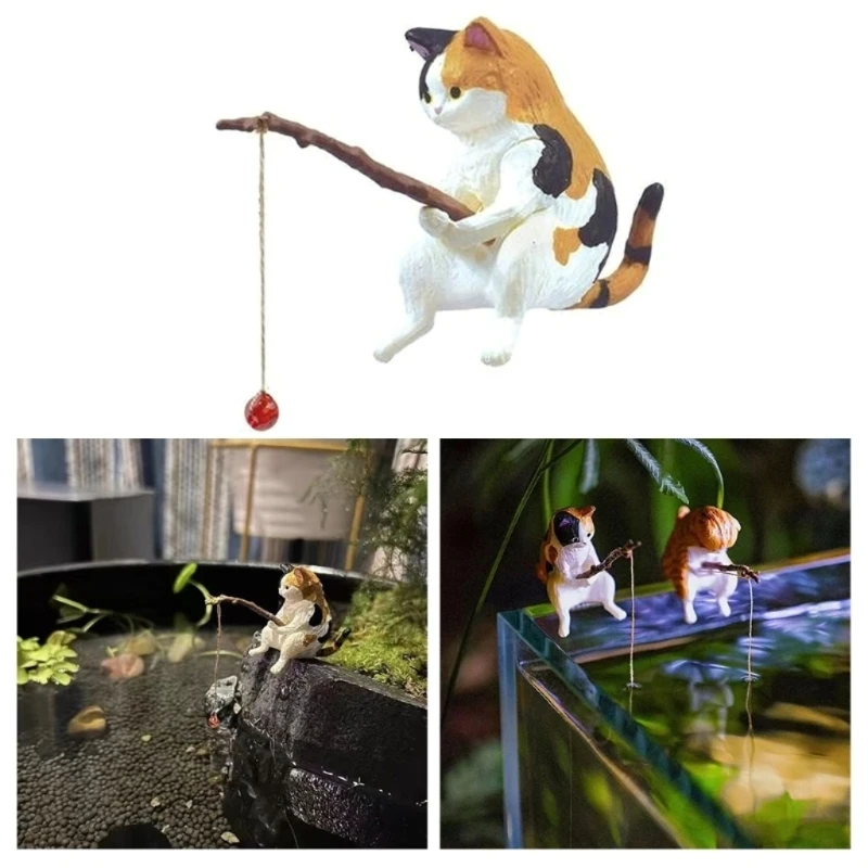 

Aquarium Figurines Decorations Fishing Cat Animal for Small Fish Tanks