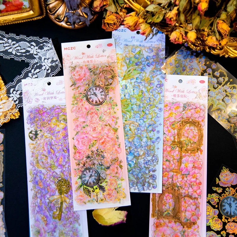 

Journamm 3pcs/pack Gold Foil Floral Stickers DIY CUT Collage Stationery Decor Junk Journal Waterproof PET Materials Stickers