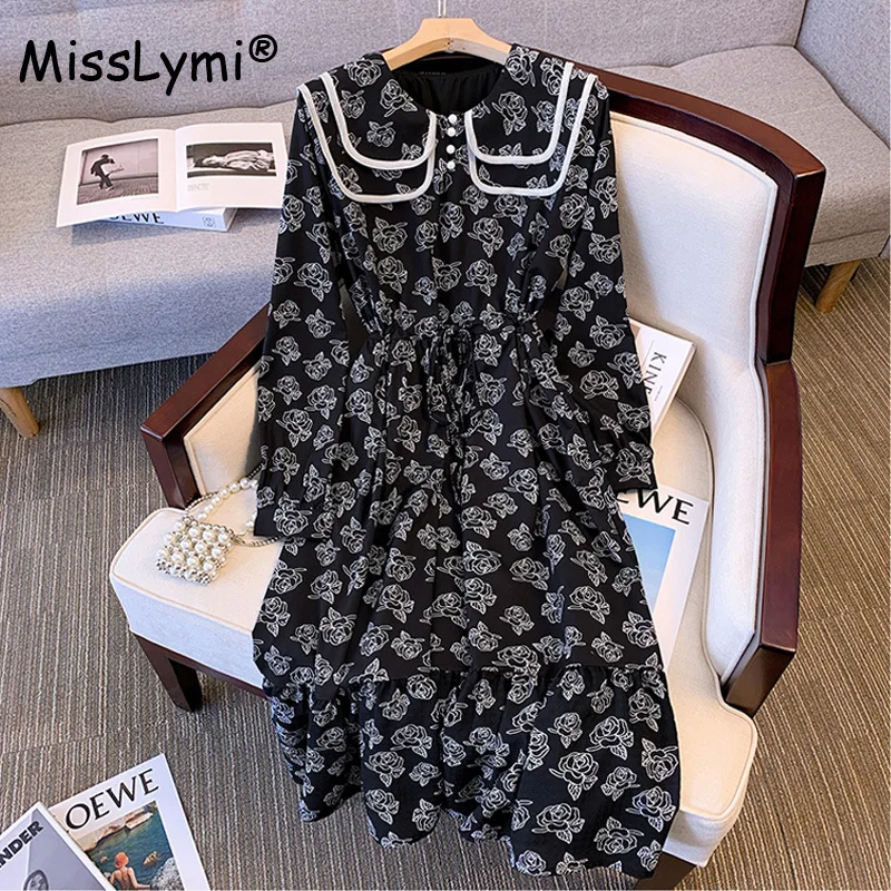 

Big Size Women Vintage Rose Flower Print Dress New 2022 Autumn Double Layer Peter Pan Collar Long Sleeve Floral Dresses Black